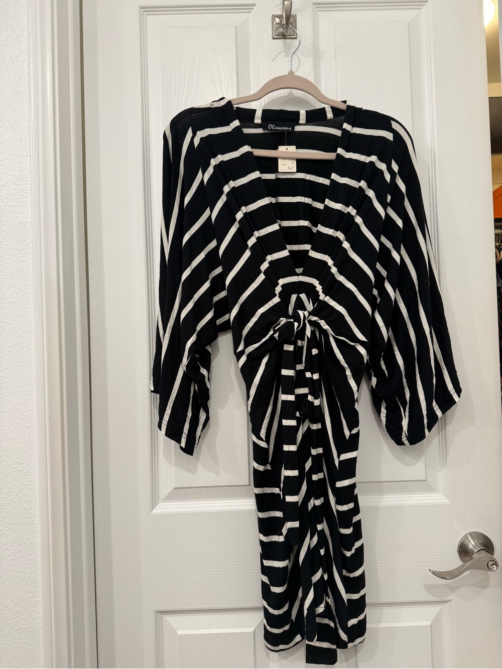 Olivaceous Black and White Striped Midi Wrap Dress